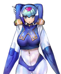 Rule 34 | 1girl, android, arms behind head, arms up, blue eyes, blush, breasts, byte (grunty-hag1), covered navel, cowboy shot, female focus, helmet, large breasts, fairy leviathan (mega man), open mouth, mega man (series), mega man zero (series), simple background, solo, white background