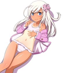 Rule 34 | 1girl, ahoge, bikini, bikini under clothes, blonde hair, blue eyes, bow, buttons, closed mouth, commentary, frilled bikini, frills, hair bow, hair ornament, jacket, kantai collection, legs together, long hair, long sleeves, looking at viewer, nanashino, navel, one-piece tan, open clothes, pink bow, pink jacket, ro-500 (kancolle), shadow, simple background, solo, swept bangs, swimsuit, swimsuit under clothes, tan, tanline, white background, white bikini