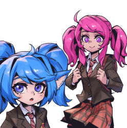 Rule 34 | 2girls, :o, alternate costume, blue hair, brown jacket, closed mouth, collared shirt, fang, jacket, league of legends, lux (league of legends), multiple girls, necktie, open mouth, phantom ix row, plaid, plaid skirt, pointy ears, poppy (league of legends), purple eyes, red necktie, red skirt, school uniform, shirt, skirt, smile, striped necktie, twintails, yordle