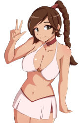 Rule 34 | 1girl, artist request, avatar: the last airbender, avatar legends, bare shoulders, bikini, bikini skirt, braid, braided ponytail, breasts, brown hair, choker, cleavage, closed mouth, female focus, frilled bikini, frills, grey eyes, highres, koneku, large breasts, looking at viewer, navel, red choker, simple background, smile, solo, standing, stomach, swimsuit, ty lee, white background, white bikini