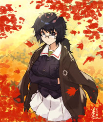Rule 34 | 1girl, artist name, autumn leaves, black-framed eyewear, black eyes, black hair, blue jacket, closed mouth, commentary, crossed arms, dated, day, emblem, girls und panzer, glasses, green shirt, haori, highres, jacket, japanese clothes, kimi tsuru, light frown, long sleeves, looking at viewer, medium hair, messy hair, military, military uniform, miniskirt, ooarai military uniform, oryou (girls und panzer), outdoors, pleated skirt, semi-rimless eyewear, shirt, short ponytail, signature, skirt, solo, standing, sunlight, under-rim eyewear, uniform, white skirt