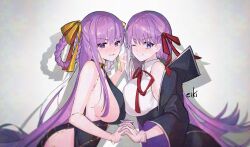 2girls absurdres bare_shoulders bb_(fate) bb_(fate/extra) bb_dubai_(fate) belly_chain black_coat black_dress black_skirt blush bracelet braid braided_hair_rings breasts coat collared_shirt dress dual_persona eiki_(eikityou_55) fate/extra fate/extra_ccc fate/grand_order fate_(series) gloves hair_ribbon hair_rings high-waist_skirt highres holding_hands jewelry large_breasts long_hair long_sleeves looking_at_viewer multiple_girls neck_ribbon necklace one_eye_closed open_clothes open_coat popped_collar purple_eyes purple_hair red_ribbon ribbon shirt side_slit sideboob skirt smile twin_braids very_long_hair white_gloves white_shirt wide_sleeves yellow_ribbon