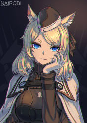 Rule 34 | 1girl, animal ear fluff, animal ears, arknights, black background, black hat, blonde hair, blue eyes, commentary request, hand up, hat, highres, horse girl, long hair, long sleeves, looking at viewer, nairobi song, simple background, solo, thick eyebrows, turtleneck, upper body, whislash (arknights)