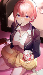 Rule 34 | 1girl, bedroom, black jacket, blue eyes, blush, breasts, cleavage, clothes around waist, collared shirt, dress shirt, drinking straw, food, foreshortening, go-toubun no hanayome, hair between eyes, highres, holding, indoors, jacket, large breasts, long sleeves, mouth hold, nakano ichika, open clothes, open jacket, pink hair, pocky, raimone26, shirt, short hair, sitting, solo, sweater, sweater around waist, white shirt, wing collar, yellow sweater