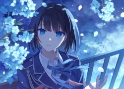 Rule 34 | 1girl, black hair, blue eyes, blue flower, blue jacket, blue ribbon, collared shirt, commentary request, dress shirt, flower, hand up, hijiri (resetter), jacket, long sleeves, looking at viewer, neck ribbon, original, parted lips, petals, railing, ribbon, shirt, solo, white shirt