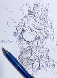 Rule 34 | 1girl, ahoge, art tools in frame, ascot, ballpoint pen (medium), bow, crown, furina (genshin impact), gem, genshin impact, greyscale, hat, hat bow, highres, jacket, long sleeves, midorinokaibutu4500, monochrome, multicolored hair, open mouth, shooting star, simple background, solo, sparkle, streaked hair, top hat, traditional media, upper body