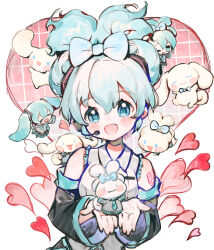 Rule 34 | &gt; &lt;, 1girl, :d, bare shoulders, blue bow, blue eyes, blue hair, blush, bow, character request, cinnamiku, cinnamoroll, detached sleeves, ear bow, hair bow, hatsune miku, heart, highres, holding, long sleeves, looking at viewer, open mouth, rosette (yankaixuan), sanrio, smile, solo, twintails, vocaloid