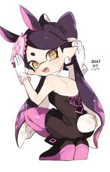 Rule 34 | 1girl, 2023, animal ears, bad id, bad twitter id, black footwear, black hair, black jumpsuit, boots, callie (splatoon), chinese zodiac, collar, commentary, cross-shaped pupils, detached collar, earrings, fake animal ears, fake tail, fangs, food, food on head, from behind, full body, gloves, gradient hair, highres, ika esu, inkling, jewelry, jumpsuit, long hair, looking at viewer, looking back, mole, mole under eye, multicolored hair, new year, nintendo, object on head, open mouth, pantyhose, pointy ears, purple hair, purple pantyhose, rabbit ears, rabbit pose, rabbit tail, short jumpsuit, simple background, smile, solo, splatoon (series), splatoon 1, squatting, strapless, sushi, swept bangs, symbol-only commentary, symbol-shaped pupils, tail, tentacle hair, very long hair, white background, white collar, white gloves, year of the rabbit, yellow eyes