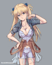 Rule 34 | 1girl, alternate costume, artist name, blonde hair, blue eyes, blue jacket, bracelet, breasts, cropped jacket, expressionless, grey background, hair between eyes, hand in own hair, hand on own hip, highres, interface headset, jacket, jewelry, kazumiminagawa, large breasts, looking at viewer, necklace, neon genesis evangelion, neon genesis evangelion anima, solo, souryuu asuka langley