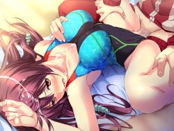 Rule 34 | 1girl, armpits, blush, breasts, brown hair, clothed sex, clothing aside, collarbone, competition swimsuit, cum, cum on body, cum on hair, cum on upper body, facial, game cg, large breasts, legs, long hair, lying, marushin (denwa0214), one-piece swimsuit, open mouth, penis, red eyes, sex, shinohara katsumi, solo focus, spread legs, supokon! sports wear complex, swimsuit, swimsuit aside, thighs, towel, uncensored, vaginal