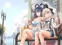 Rule 34 | 2girls, adapted costume, alternate costume, bag, bandaid, bandaid on knee, bandaid on leg, bare legs, bare shoulders, bench, black hat, black ribbon, blue dress, blue eyes, blue hair, blue shorts, blue sky, breasts, casual, city, cleavage, cloud, contemporary, day, dress, fingernails, food, hair ornament, hair rings, hair stick, hat, highres, holding, holding food, holding umbrella, hood, hooded sweater, ice cream, ice cream cone, kaku seiga, lamppost, large breasts, long hair, looking at viewer, mononobe no futo, multiple girls, neck ribbon, outdoors, parasol, ponytail, red ribbon, ribbon, shan, short shorts, shorts, sitting, sky, sleeves past wrists, smile, socks, source request, sun, suspender shorts, suspenders, sweater, tate eboshi, touhou, umbrella, white legwear, white sweater, wrist ribbon