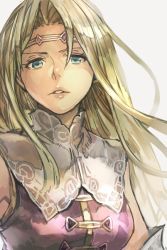 Rule 34 | 1girl, blonde hair, blue eyes, circlet, dress, elbow gloves, gloves, grey background, hungry clicker, long hair, looking at viewer, mystina (valkyrie profile), parted lips, purple dress, simple background, solo, square enix, tri-ace, upper body, valkyrie profile (series)