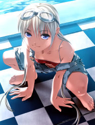 Rule 34 | 1girl, arm support, bad id, bad pixiv id, barefoot, bikini, blue eyes, checkered floor, downblouse, downpants, extended downblouse, feet, flat chest, floor, goggles, goggles on head, light smile, long hair, navel, original, overall shorts, overalls, pool, poolside, rezi, silver hair, smile, solo, spread legs, squatting, strap slip, swimsuit, toes