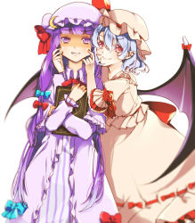 Rule 34 | 2girls, ashisaki, bad id, bad pixiv id, bat wings, blue hair, blush, book, bow, capelet, cheek pull, crescent, dress, fingersmile, flower, grin, hair bow, hair ornament, hat, hat ribbon, long hair, long sleeves, looking at viewer, mob cap, multiple girls, patchouli knowledge, pointy ears, puffy sleeves, purple eyes, purple hair, red eyes, remilia scarlet, ribbon, rose, shaded face, shirt, short hair, short sleeves, simple background, skirt, skirt set, smile, striped clothes, striped dress, touhou, very long hair, vest, white background, wings