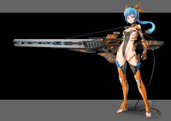 Rule 34 | 1girl, absurdres, bad id, bad pixiv id, bare shoulders, black thighhighs, blue hair, boots, colored eyelashes, covered navel, crotch plate, crotch strap, detached collar, elbow gloves, electricity, energy, feet, gloves, headgear, highres, huge weapon, long hair, magnetic weapon, mecha musume, nail polish, original, ponytail, purple eyes, railgun, revealing clothes, solo, steamed egg, strap, thigh boots, thighhighs, toeless footwear, toenail polish, toenails, toes, trigger discipline, weapon