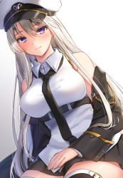 Rule 34 | 1girl, azur lane, belt, black belt, black coat, black necktie, breasts, closed mouth, coat, collared shirt, commentary request, dutch angle, enterprise (azur lane), gradient background, grey background, hair between eyes, hat, highres, large breasts, long hair, looking at viewer, military, miniskirt, navy (navy.blue), necktie, open clothes, open coat, peaked cap, purple eyes, shirt, silver hair, sitting, skirt, sleeveless, sleeveless shirt, smile, solo, thighhighs, underbust, white background, white hat