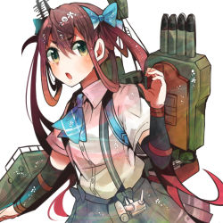 Rule 34 | 10s, 1girl, asagumo (kancolle), ascot, blue bow, blush, bow, brown hair, buttons, collared shirt, cowboy shot, eyebrows, green eyes, green skirt, hair between eyes, hair bow, hair ribbon, holding, itomugi-kun, kantai collection, long hair, looking at viewer, open mouth, pleated skirt, ribbon, school uniform, shirt, short eyebrows, short sleeves, simple background, skirt, solo, suspender skirt, suspenders, turret, twintails, white background, white shirt