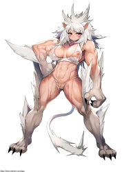 Rule 34 | 1girl, abs, animal ears, animal hands, bikini, blush, breasts, cat ears, claws, cleft of venus, clenched hand, commentary, english commentary, fewer digits, full body, fur, gao (gaolukchup), hand on own hip, highres, large breasts, long hair, monster girl, muscular, muscular female, navel, nipples, original, pussy, red eyes, silver hair, solo, standing, swimsuit, tail, thick thighs, thighs, torn bikini, torn clothes, unaligned breasts, uncensored, watermark, web address, white background, white bikini