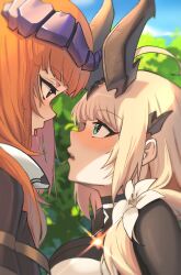Rule 34 | 2girls, absurdres, arknights, bagpipe (arknights), blonde hair, blue sky, breasts, cloud, commentary, day, eye contact, flower, green eyes, highres, horns, large breasts, long hair, looking at another, multiple girls, open mouth, orange hair, radioneet, reed (arknights), reed the flame shadow (arknights), saliva, saliva trail, sky, tongue, tongue out, upper body, white flower, yuri