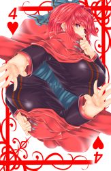 Rule 34 | 1girl, blouse, breasts, cape, card, card (medium), commentary request, fingernails, hair ribbon, headless, highres, large breasts, long sleeves, multiple views, playing card, red eyes, red hair, ribbon, sekibanki, shirt, touhou, yoiti