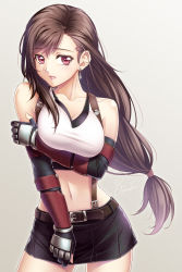 Rule 34 | asymmetrical bangs, black gloves, black skirt, black sleeves, breasts, breasts squeezed together, brown hair, cleavage, collarbone, contrapposto, cowboy shot, crop top, detached sleeves, earrings, final fantasy, final fantasy vii, gloves, grey background, hair over shoulder, highres, jewelry, large breasts, long hair, long sleeves, looking at viewer, low-tied long hair, midriff, miniskirt, multiple girls, navel, parted lips, pink lips, pleated skirt, red eyes, simple background, skirt, solo, standing, stomach, suspender skirt, suspenders, thigh gap, tifa lockhart, very long hair, you haruka