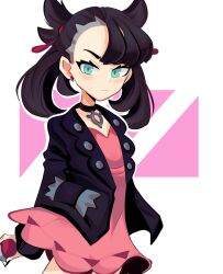 Rule 34 | 1girl, asymmetrical bangs, black choker, black hair, black jacket, black nails, choker, closed mouth, commentary, creatures (company), dress, earrings, eyelashes, game freak, green eyes, hair ribbon, highres, holding, holding poke ball, jacket, jewelry, looking at viewer, marnie (marnielovesyou), marnie (pokemon), medium hair, nail polish, nintendo, open clothes, open jacket, pink dress, poke ball, poke ball (basic), pokemon, pokemon swsh, red ribbon, ribbon, solo, twintails