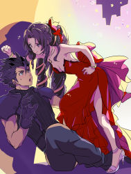 Rule 34 | 1boy, 1girl, absurdres, aerith gainsborough, aerith gainsborough (red dress), against wall, aqua eyes, armor, assertive female, back bow, black hair, boots, bow, bracelet, breasts, building, cleavage, dress, final fantasy, final fantasy vii, final fantasy vii remake, flamenco dress, flower, full body, gloves, green eyes, grey pants, grey shirt, hair flower, hair ornament, hair ribbon, hand on own hip, hand up, high heels, highres, jewelry, leaning forward, long dress, long hair, looking at another, medium breasts, necklace, official alternate costume, open mouth, pants, parted bangs, red dress, ribbon, ringlets, shirt, shoji sakura, short hair, shoulder armor, side slit, skyscraper, sleeveless, sleeveless dress, sleeveless turtleneck, smile, sparkle, spiked hair, square enix, star (sky), strapless, strapless dress, suspenders, sweatdrop, toeless footwear, turtleneck, wall market, zack fair