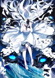 Rule 34 | 10s, 1girl, absurdly long hair, abyssal jellyfish princess, abyssal ship, bad id, bad pixiv id, barefoot, blue eyes, breasts, cleavage, collar, colored skin, commentary request, dress, floating hair, full body, glaring, glowing, glowing eyes, hands on own head, highres, horns, kantai collection, large breasts, long hair, looking at viewer, one eye covered, solo, somnia, tears, underwater, very long hair, white hair, white skin