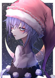 Rule 34 | 1girl, 33 gaff, doremy sweet, hat, looking at viewer, nightcap, open mouth, outside border, pom pom (clothes), purple eyes, purple hair, red hat, short hair, sky, solo, star (sky), starry sky, touhou, upper body