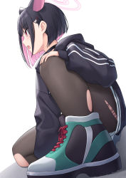 Rule 34 | 1girl, animal ears, black choker, black hair, black jacket, black pantyhose, blue archive, choker, commentary request, from side, green footwear, hair ornament, hairclip, halo, heijialan, highres, hood, hood down, hooded jacket, jacket, kazusa (blue archive), long sleeves, looking away, multicolored hair, open mouth, pantyhose, pink hair, puffy long sleeves, puffy sleeves, red eyes, shadow, shoes, short hair, sleeves past wrists, solo, torn clothes, torn pantyhose, two-tone hair, white background