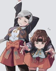 Rule 34 | 2girls, black jacket, brown hair, chitose (kancolle), chiyoda (kancolle), closed eyes, closed mouth, flying sweatdrops, grey background, grey hair, highres, jacket, kantai collection, long hair, mizoki kei, multiple girls, open clothes, open jacket, open mouth, pleated skirt, red skirt, short hair, simple background, skirt, smile