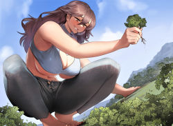 Rule 34 | 1girl, breasts, brown hair, crop top, forest, giant, giantess, kkasi00, large breasts, long hair, nature, smile, solo, tree, underboob