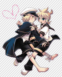 Rule 34 | 2boys, bad id, bad pixiv id, barefoot, blonde hair, blue eyes, blush, child, crossover, feet, full body, hat, heart, holding hands, kagamine len, male focus, multiple boys, oliver (vocaloid), open mouth, sailor hat, short hair, simple background, smile, toes, vocaloid, yaoi, yellow eyes, yomorin