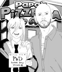 Rule 34 | 1boy, 1girl, absurdres, andrew tate, bald, beard, chainsaw man, collarbone, collared shirt, crossover, english text, facial hair, goatee, greyscale, hair behind ear, hair between eyes, hand on another&#039;s shoulder, highres, holding, holding sign, horns, jacket, long bangs, long hair, looking at viewer, monochrome, necktie, off shoulder, power (chainsaw man), real life, sharp teeth, shirt, sign, smile, teeth, tongue, tongue out, upper teeth only, v-shaped eyebrows, xyanaid