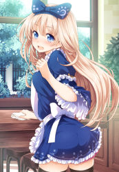 Rule 34 | 1girl, apron, black thighhighs, blonde hair, blue eyes, bow, bush, chair, character request, cupboard, day, fence, hair bow, long hair, looking back, open mouth, original, patterned, skirt, solo, star (symbol), table, thigh gap, thighhighs, thighs, tokunou shoutarou, wide sleeves, window, zettai ryouiki