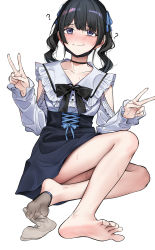 Rule 34 | 1girl, ?, barefoot, black bow, black bowtie, black choker, black hair, black mask, black skirt, blue eyes, blue ribbon, blush, bow, bowtie, buttons, choker, closed mouth, clothing cutout, collarbone, commentary, cross-laced clothes, double v, ear blush, feet, female focus, foot focus, frilled shirt collar, frilled sleeves, frills, grey socks, hair ribbon, hands up, high-waist skirt, highres, knee up, long hair, long sleeves, looking at viewer, mask, mask pull, miniskirt, mouth mask, nakamura rohane, nijisanji, nose blush, ribbon, shirt, shoulder cutout, simple background, single sock, sitting, skirt, sleeves past wrists, sock pull, socks, soles, solo, sweat, toes, tsukino mito, tsukino mito (14th costume), v, virtual youtuber, wavy mouth, white background, white shirt