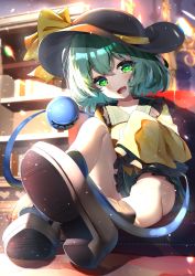 Rule 34 | 1girl, absurdres, black hat, brown footwear, dfra, fang, full body, green eyes, green hair, green skirt, hat, hat ribbon, heart, heart-shaped pupils, highres, indoors, komeiji koishi, light particles, long sleeves, looking at viewer, open mouth, ribbon, shirt, shoe soles, sitting, skin fang, skirt, sleeves past wrists, solo, symbol-shaped pupils, third eye, touhou, yellow ribbon, yellow shirt