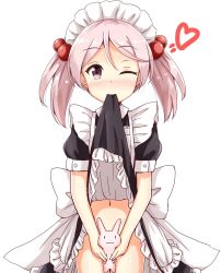 Rule 34 | 10s, 1girl, aikawa ryou, alternate costume, apron, blush, clothes lift, hair bobbles, hair ornament, highres, kantai collection, lifted by self, maid, maid apron, maid headdress, no panties, one eye closed, pink eyes, pink hair, rabbit, sazanami (kancolle), simple background, skirt, skirt lift, solo, twintails, white background
