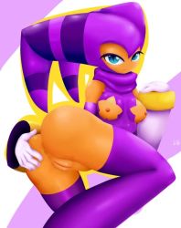 Rule 34 | 1girl, anus, ass, blue eyes, breast cutout, breasts, cleft of venus, gloves, hat, jester cap, nights (character), nights into dreams, nipples, pussy, ricocake, sega, shiny skin, small breasts, smile, thighhighs, thighs, turtleneck