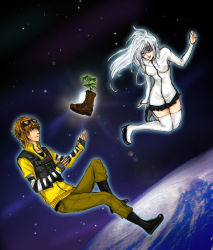 Rule 34 | 1boy, 1girl, black sclera, blue eyes, boots, brown eyes, brown hair, colored sclera, disney, eve (wall-e), goggles, long hair, personification, planet, plant, schiffercake, short hair, space, thigh boots, thighhighs, wall-e, wall-e (character), white hair, white thighhighs