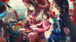 Rule 34 | 4girls, animal, artist name, bandana around neck, black hair, blue bow, blue eyes, blue kimono, bob cut, bow, brown hair, candy, candy apple, commentary, dog, drill hair, eating, eyepatch, floral print, flower, food, fox mask, fur-trimmed kimono, fur trim, girls&#039; frontline, hair bow, hair flower, hair ornament, highres, holding, holding animal, holding candy, holding dog, holding food, holding umbrella, howa type 64 (girls&#039; frontline), japanese clothes, kimono, light smile, long hair, looking at viewer, mask, mask on head, multiple girls, obi, official art, oil-paper umbrella, open hands, petals, pink kimono, pixiv id, qtian, red bow, red eyes, red kimono, river, sash, shiba inu, short hair, twin drills, type 100 (girls&#039; frontline), type 4 (girls&#039; frontline), type 62 (girls&#039; frontline), umbrella, water, white hair