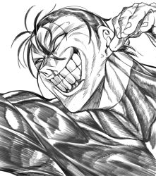 Rule 34 | 1boy, armpits, clenched teeth, fingernails, greyscale, hair between eyes, hatching (texture), highres, kengan ashura, male focus, monochrome, muscular, muscular male, no pupils, simple background, solo, sweat, teeth, upper body, urec, white background