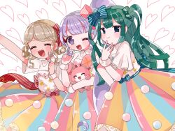 Rule 34 | 3girls, :d, ;d, animal, arm up, blue eyes, blunt bangs, blush, bow, brown hair, closed eyes, cowboy shot, fork, green hair, hair bow, hand up, holding, holding animal, holding fork, kira (kiratwins), long hair, looking at viewer, manaka non, multiple girls, one eye closed, open mouth, outstretched arm, pretty series, pripara, purple eyes, purple hair, rabbit, shirt, short hair, short sleeves, side ponytail, skirt, smile, standing, striped clothes, striped skirt, taiyo pepper, third-party source, tsukikawa chili, two side up, vertical-striped clothes, vertical-striped skirt, very long hair, white shirt, wrist cuffs