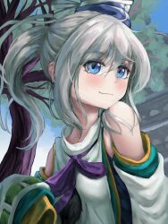 Rule 34 | 1girl, bare shoulders, blue eyes, blush, breasts, cheek-to-shoulder, grey hair, hat, highres, japanese clothes, kariginu, layered clothes, layered sleeves, medium hair, mononobe no futo, pygrenix, ribbon-trimmed sleeves, ribbon trim, side ponytail, sky, small breasts, smile, solo, tate eboshi, temple, touhou, tree