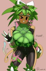 Rule 34 | &gt; o, 1girl, blaster master zero, blaster master zero 2, blush stickers, bodysuit, breasts, bursting breasts, flower, flower on head, green hair, highres, huge breasts, kanna (blaster master zero), loodrick, monster girl, one eye closed, plant girl, shiny clothes, smile, solid oval eyes, solo
