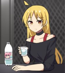 Rule 34 | 1girl, ahoge, bar (place), blonde hair, blurry, bocchi the rock!, bottle, cameo, choker, collarbone, commentary, cup, depth of field, english commentary, english text, gotoh hitori, highres, hinghoi, holding, holding cup, ice, ice cube, ijichi seika, leaning on table, long hair, long sleeves, looking at viewer, orange eyes, plastic bottle, sidelocks, solo, table, water, water bottle