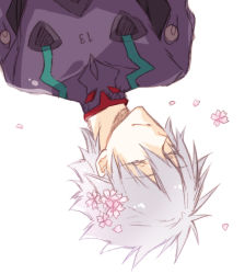 Rule 34 | 1boy, bad id, bad pixiv id, closed eyes, flower, hair flower, hair ornament, male focus, nagisa kaworu, neon genesis evangelion, petals, plugsuit, rebuild of evangelion, sagari24, silver hair, solo, upside-down