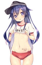 Rule 34 | 10s, 1girl, akatsuki (kancolle), akito 9999, bad id, bad twitter id, blue hair, blush, buruma, clothes lift, flat chest, gluteal fold, hat, kantai collection, long hair, looking at viewer, navel, open mouth, shirt lift, solo, sportswear, sweatdrop, twitter username, white background