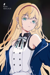 Rule 34 | 1girl, blonde hair, blue jacket, bow, bowtie, collared shirt, commentary, dated, fly iadiial, go!! restart, green eyes, hairband, heanna sumire, highres, jacket, long hair, looking at viewer, love live!, love live! superstar!!, off shoulder, red hairband, shirt, sidelocks, sleeveless, sleeveless shirt, solo, standing, upper body, white bow, white bowtie