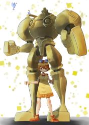 Rule 34 | 1girl, animal, animal on head, bird, bird on head, bracelet, brown hair, child, clenched hand, headband, highres, jewelry, magatama, magatama necklace, mecha, mia anpanman, midnight bliss, necklace, on head, phobos (vampire), red footwear, robot, short hair, simple background, standing, vampire (game)